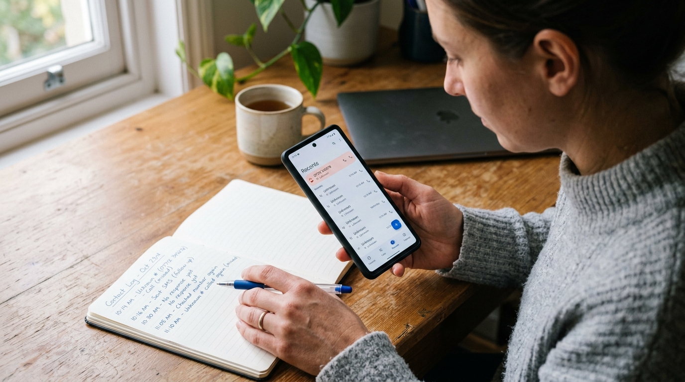 סצנת תקריב מציאותית של אדם שמשווה מספר לא מוכר בסמארטפון תוך בדיקת דפוסי פעילות משפחתיים