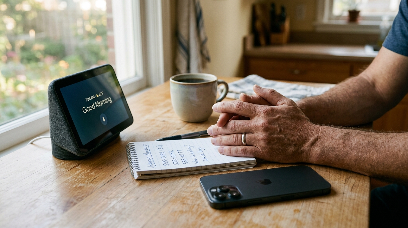 תקריב של ידי הורה מודאג מונחות על דלפק המטבח ליד מכשיר טלפון חכם...