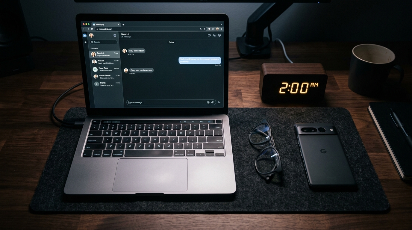 מבט מלמעלה על שולחן עבודה מודרני עם מחשב נייד פתוח לממשק הודעות גנרי...