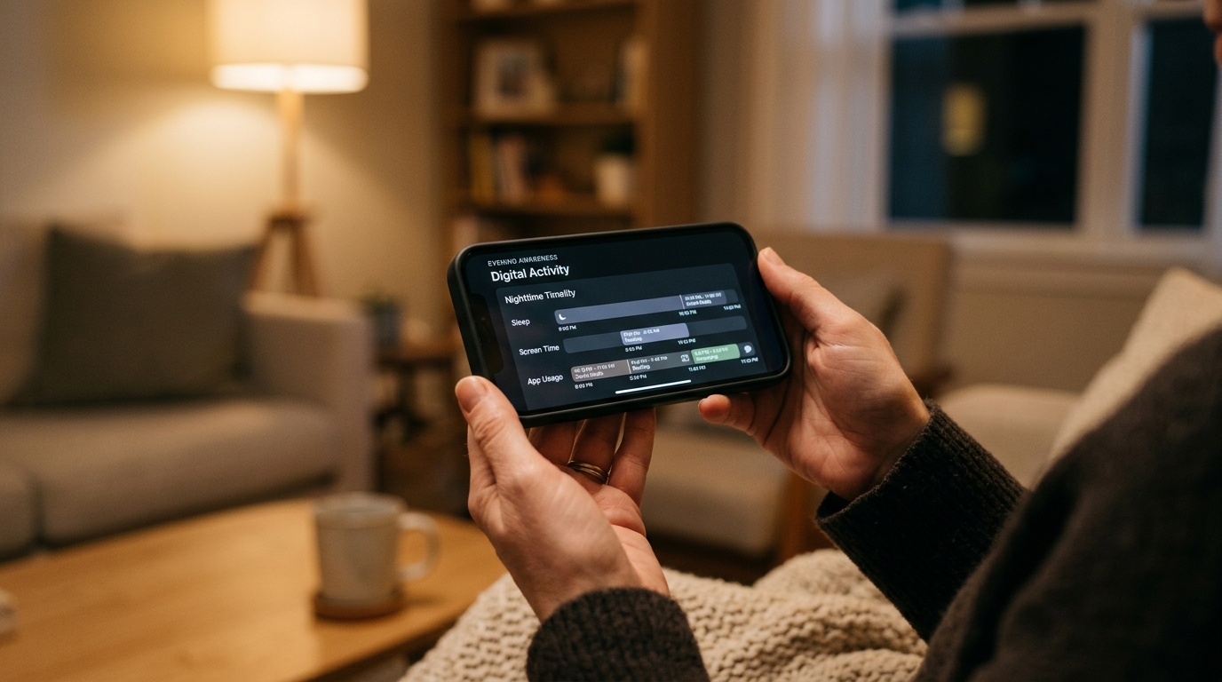 Gros plan sur les mains d'un parent tenant un smartphone moderne, regardant un tableau de bord minimaliste montrant l'activité numérique nocturne.