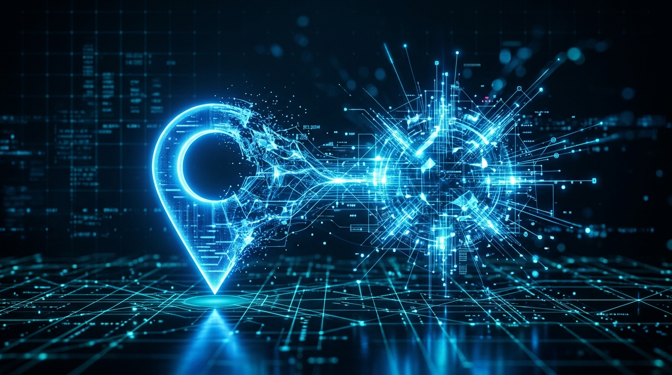Image conceptuelle abstraite montrant une épingle de carte bleue brillante se transformant en nœud de communication numérique.
