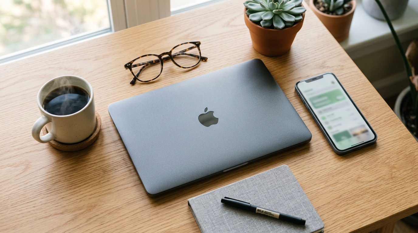 デジタルな繋がりを象徴する、洗練された木製デスクの上の清潔でモダンなフラットレイ。