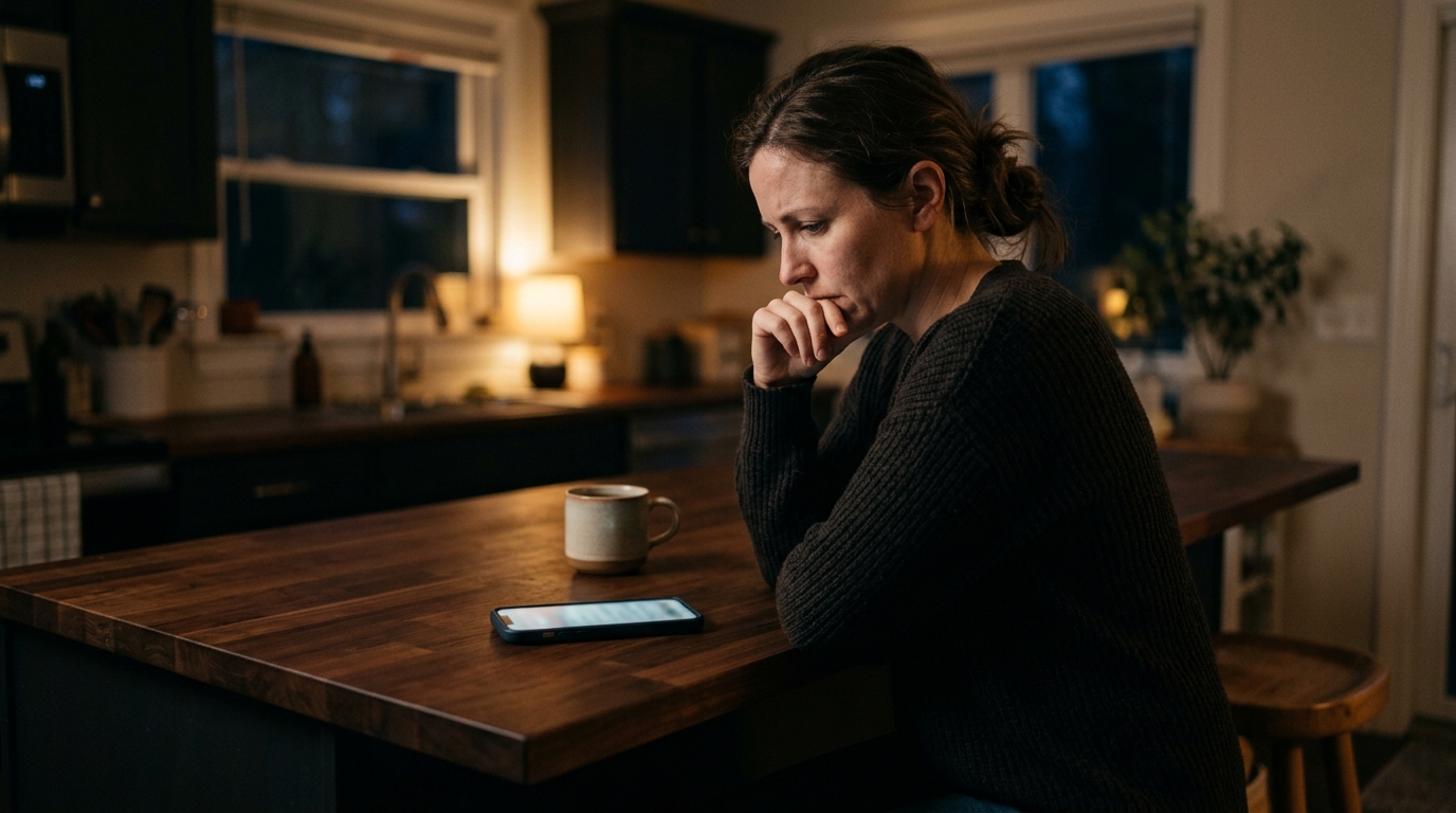 深夜、薄暗いキッチンカウンターで、テーブルに置かれたスマートフォンを思案深げに見つめる心配そうな母親の高品質なライフスタイル画像。