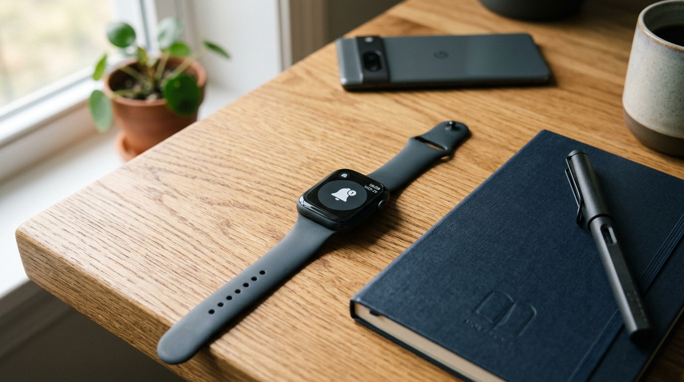 لقطة قريبة لساعة ذكية حديثة وأنيقة تعرض أيقونة إشعارات بسيطة