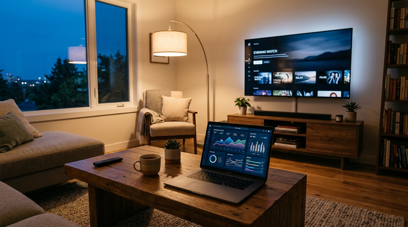 غرفة معيشة حديثة ومريحة وقت الغسق مع تلفزيون ذكي