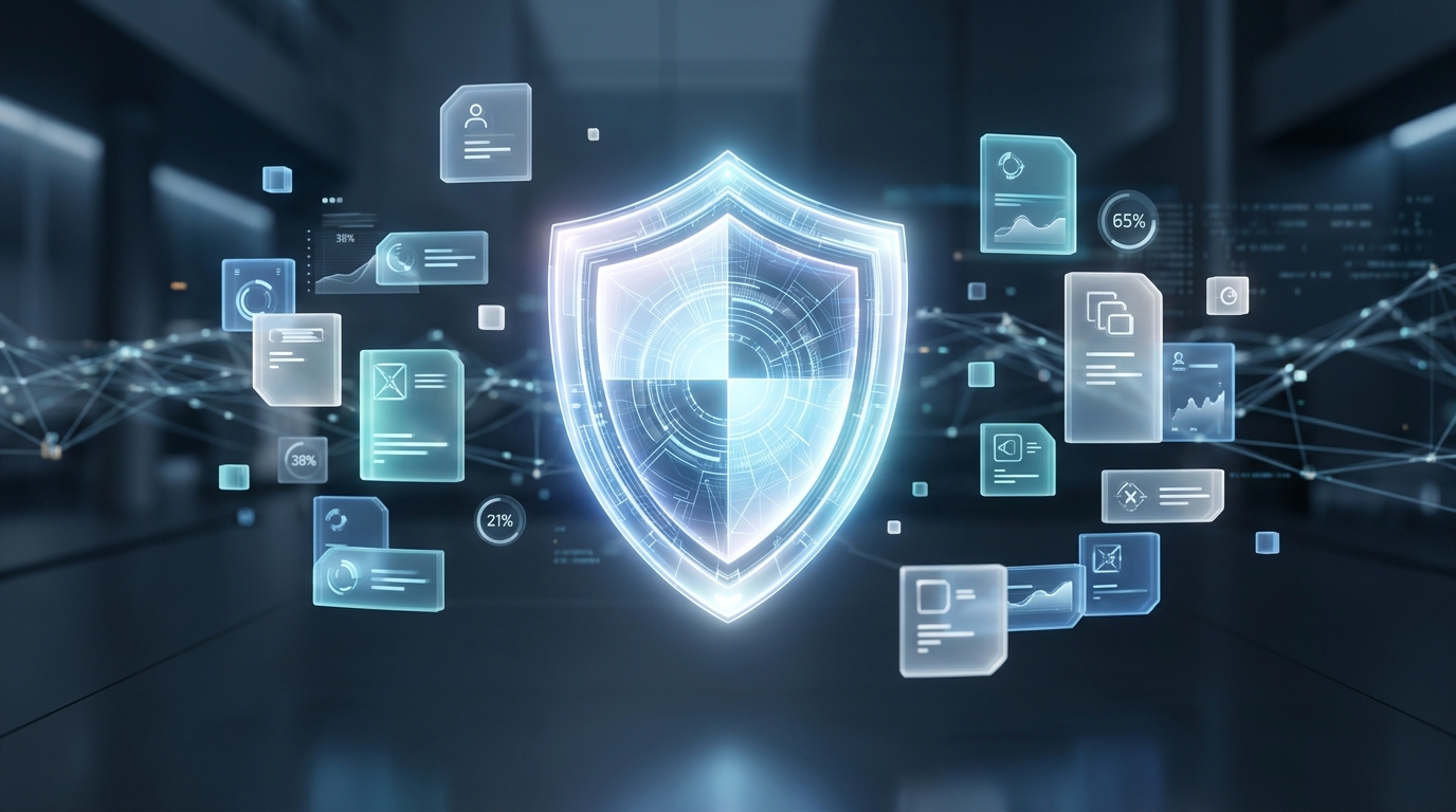 ויזואליזציה מופשטת ומקצועית של פרטיות נתונים ושקיפות המציגה מגנים דיגיטליים זוהרים