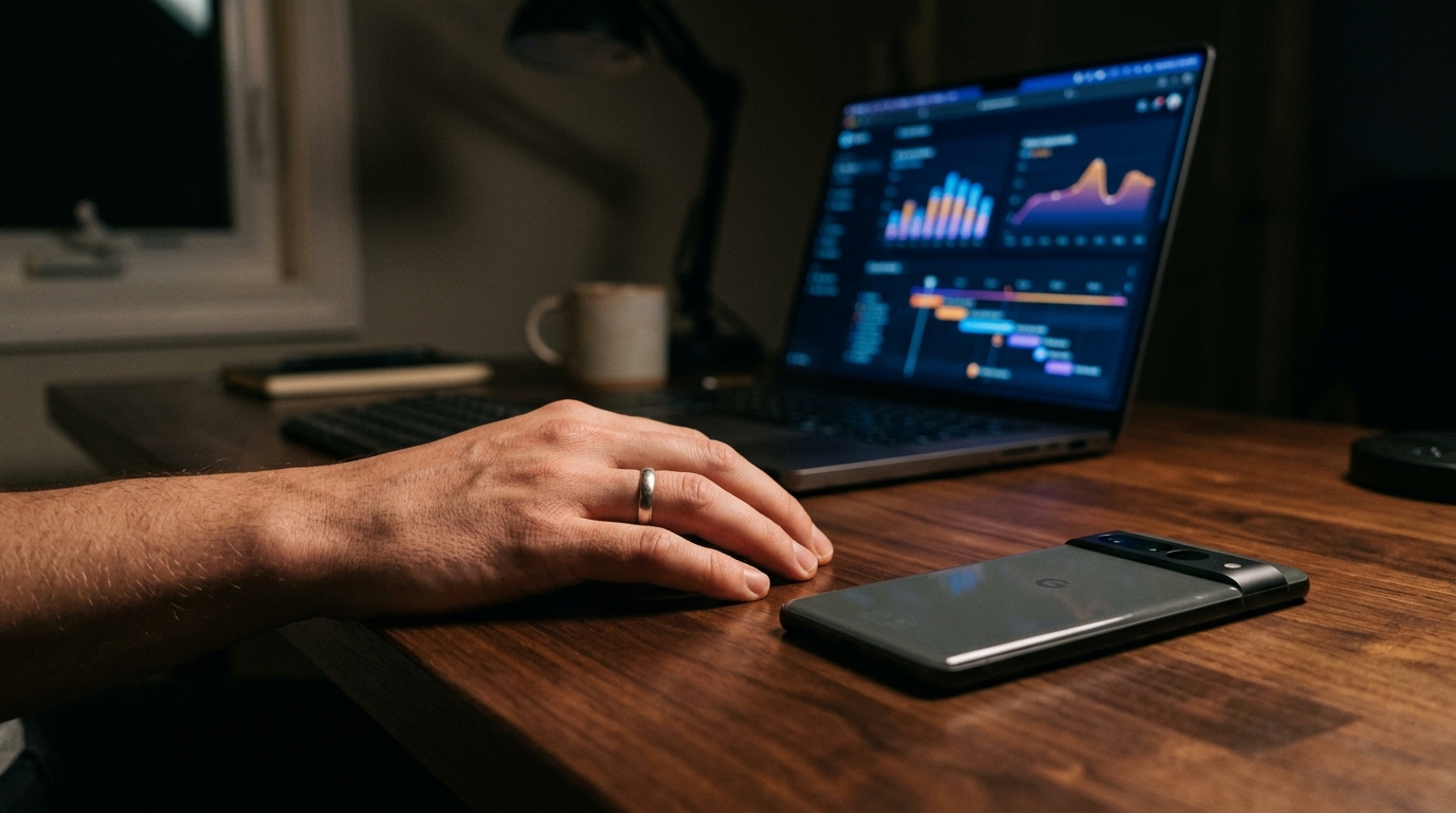 תמונת תקריב של יד מונחת על שולחן עץ מלוטש ליד סמארטפון מודרני