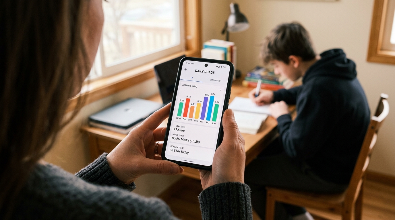 Een close-up shot over de schouder van iemands handen die een smartphone vasthouden...