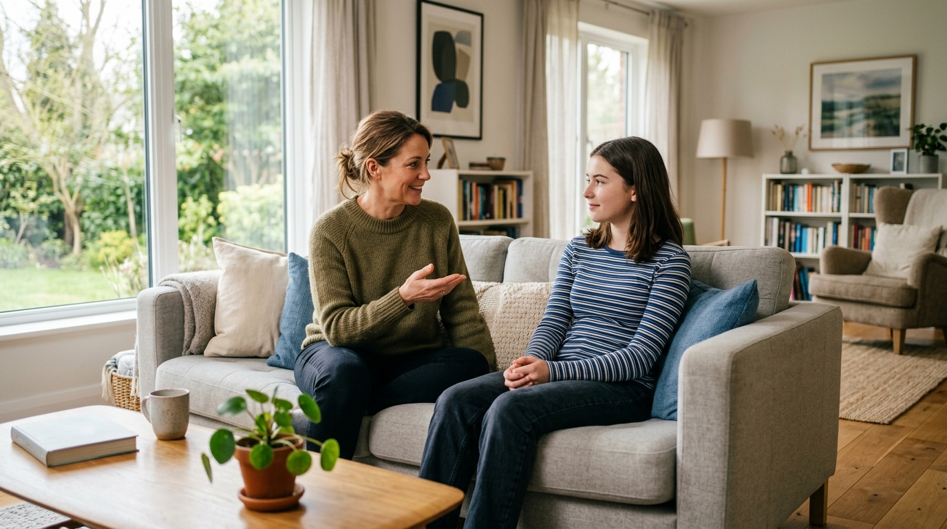 Een moderne, goed verlichte woonkamer waar een ouder en een tiener op een comf...