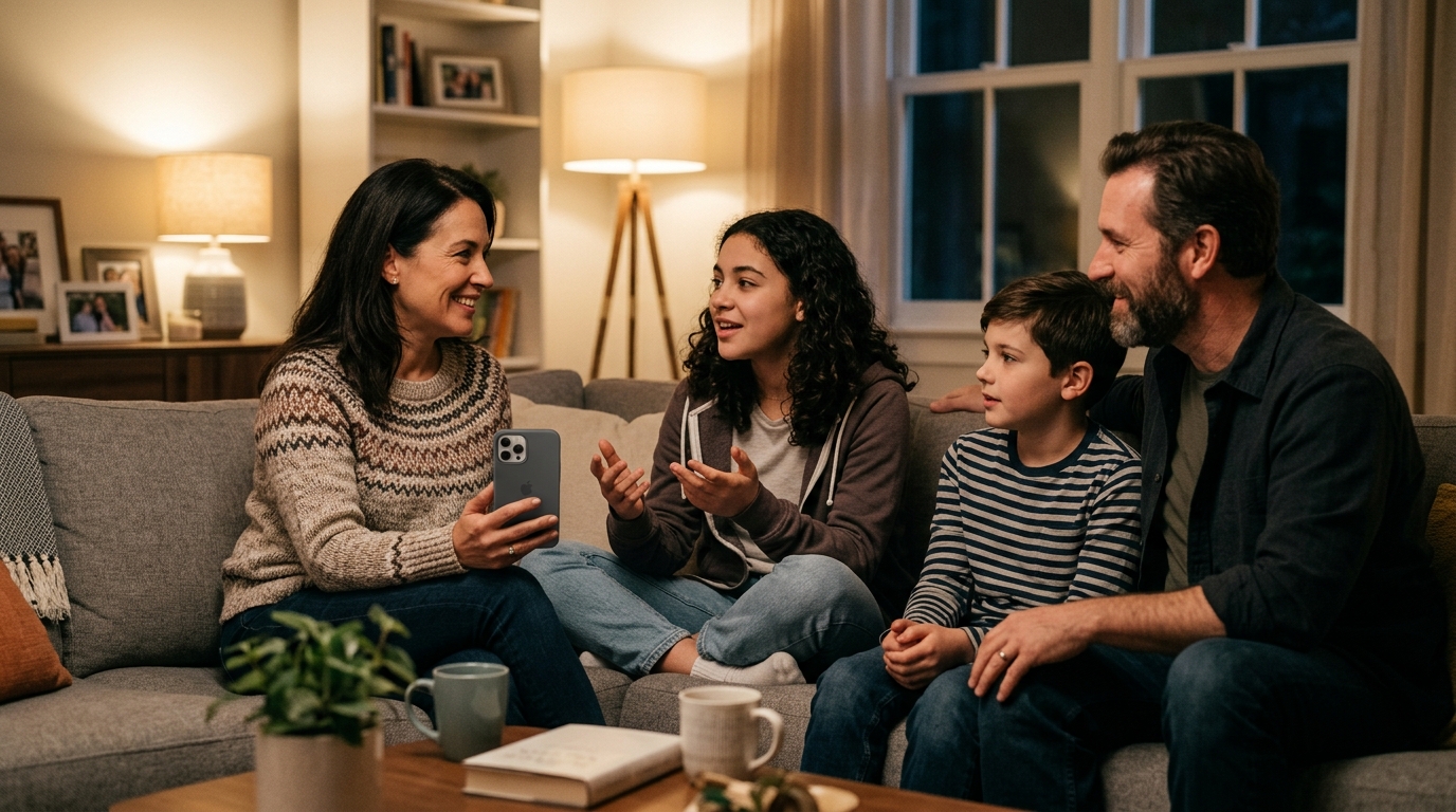 משפחה יושבת יחד על ספה בסלון מודרני