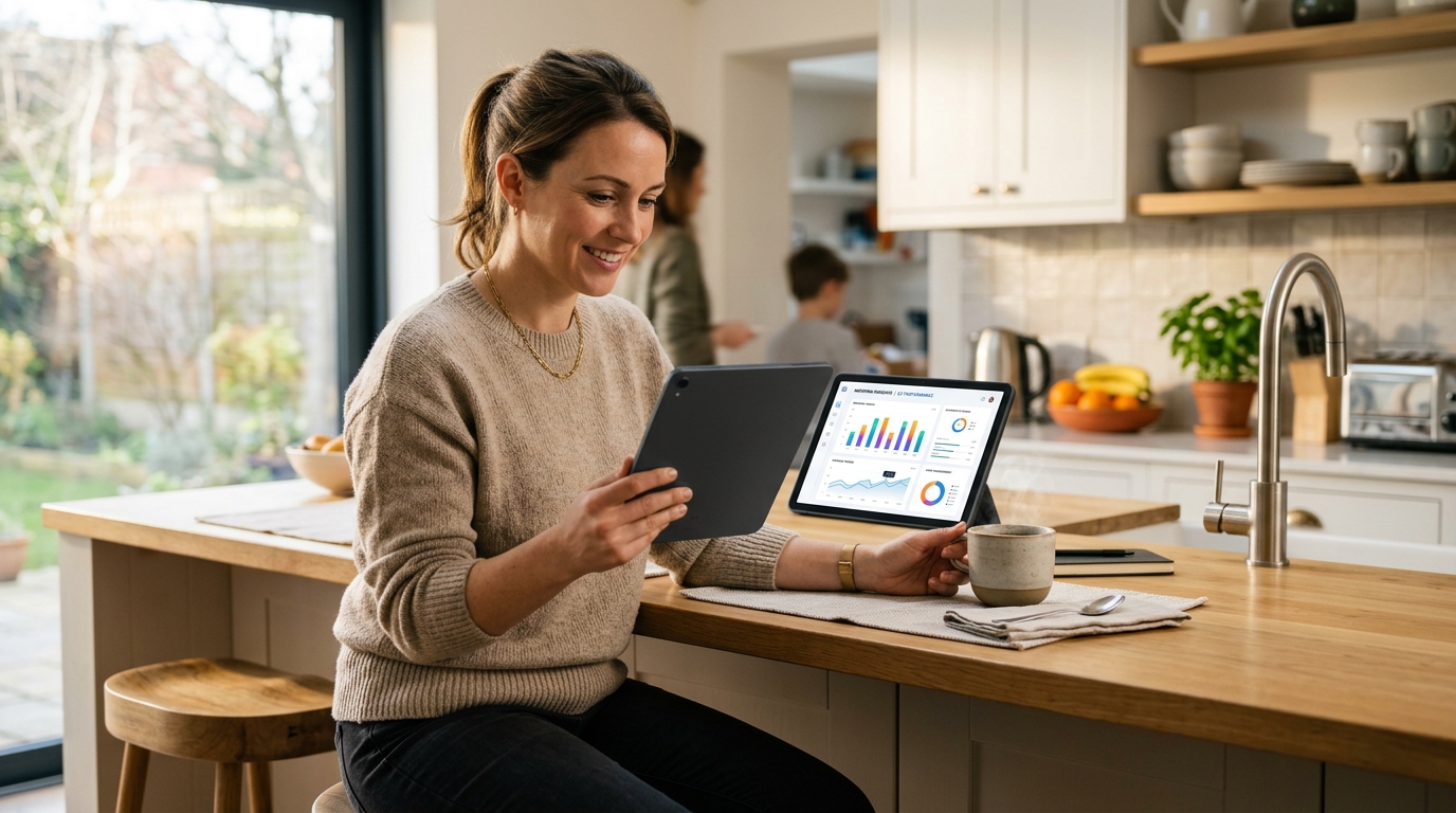 朝のキッチンでタブレットを持ち、分析グラフを確認する親の様子