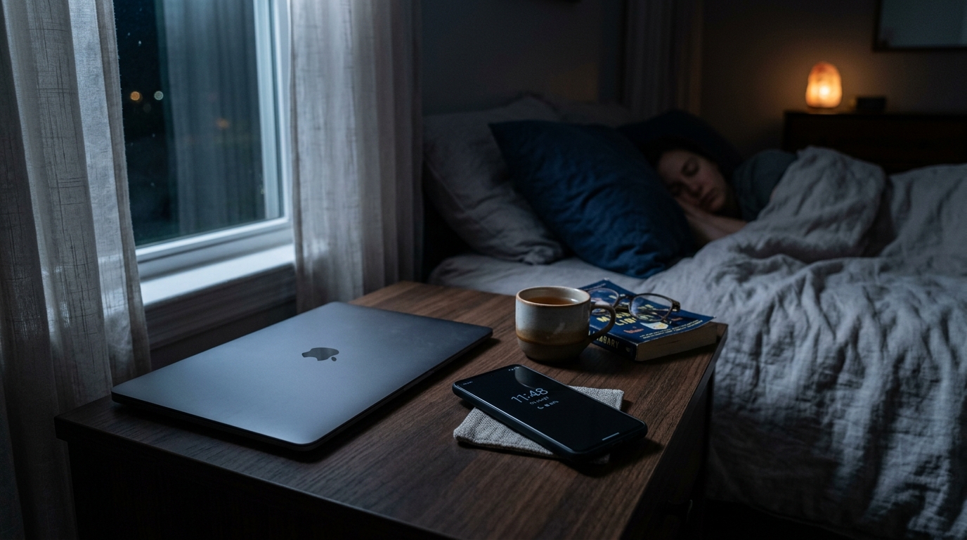 夜の寝室のナイトテーブルに置かれたスマホとノートパソコン