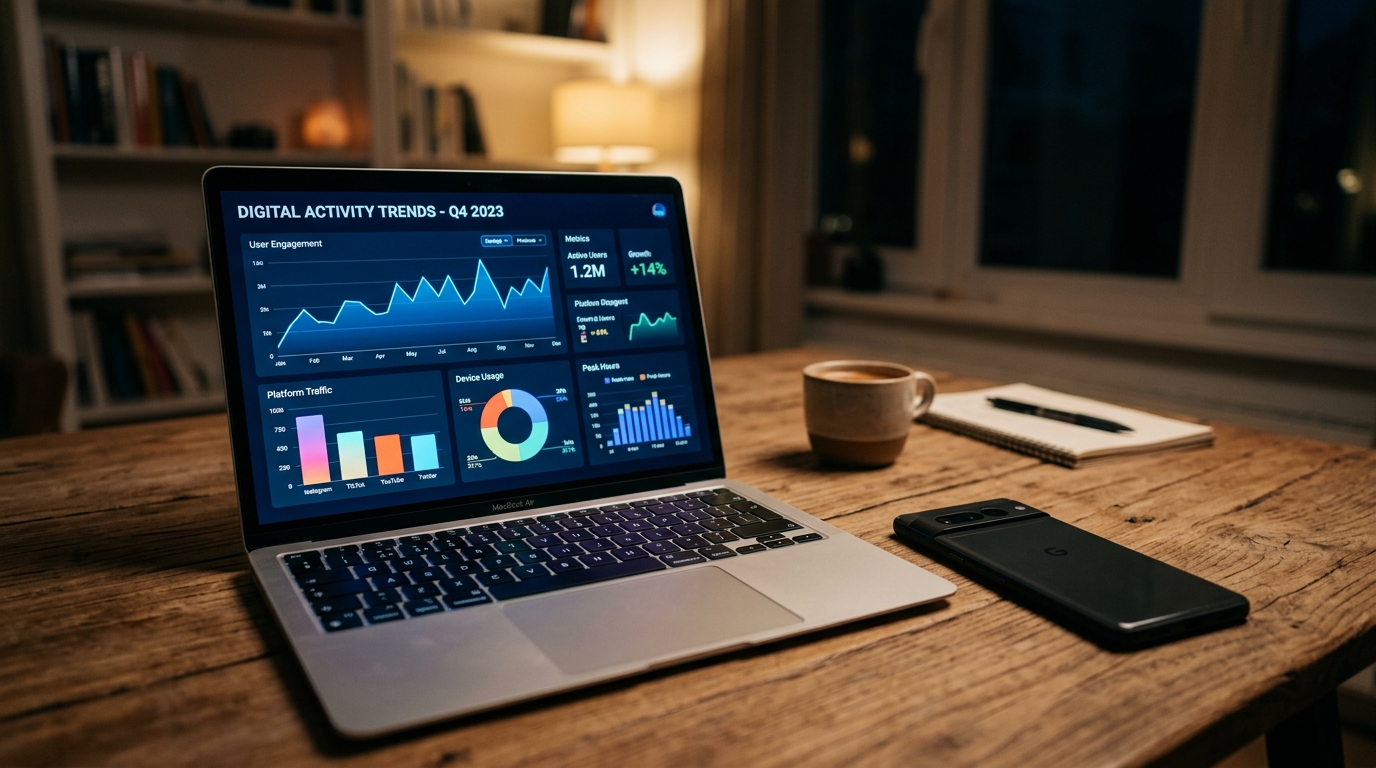 추상적인 데이터 분석 화면이 표시된 현대적인 노트북 화면과 스마트폰의 근접 촬영 뷰