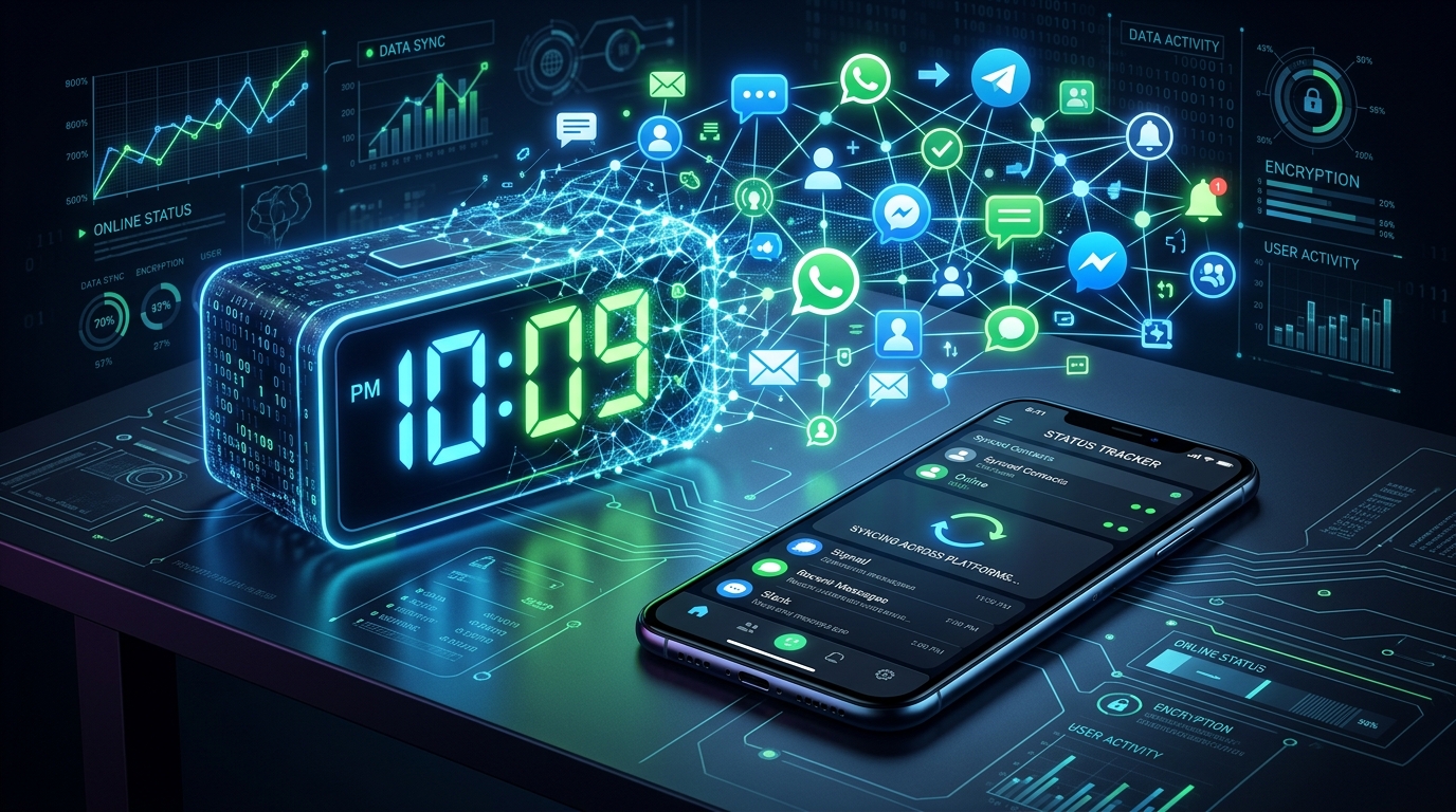 A conceptual illustration of a digital clock morphing into a glowing web of messaging and data points.