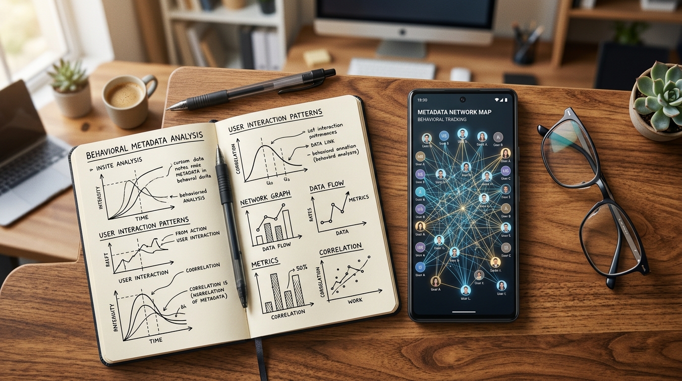 An overhead view of a desk featuring modern glasses, a notebook with handwriting, and a smartphone displaying behavioral data.