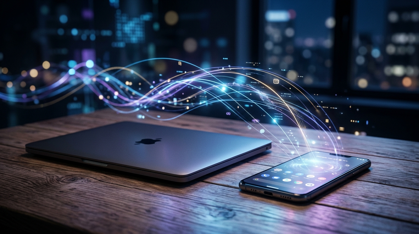 クロスプラットフォームのデジタル同期とメッセージング活動を表現する抽象的なコンセプトイメージ