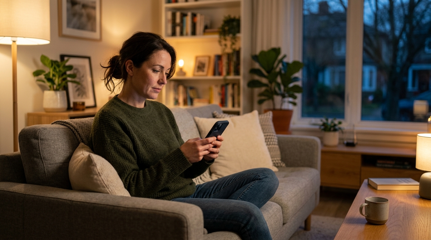 En orolig men samlad förälder som sitter i en bekväm modern soffa i ett mjukt upplyst vardagsrum...