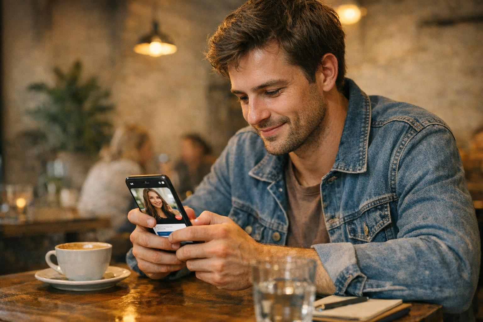 A realistic scene of a young adult using a phone in a cafe, browsing a social da...