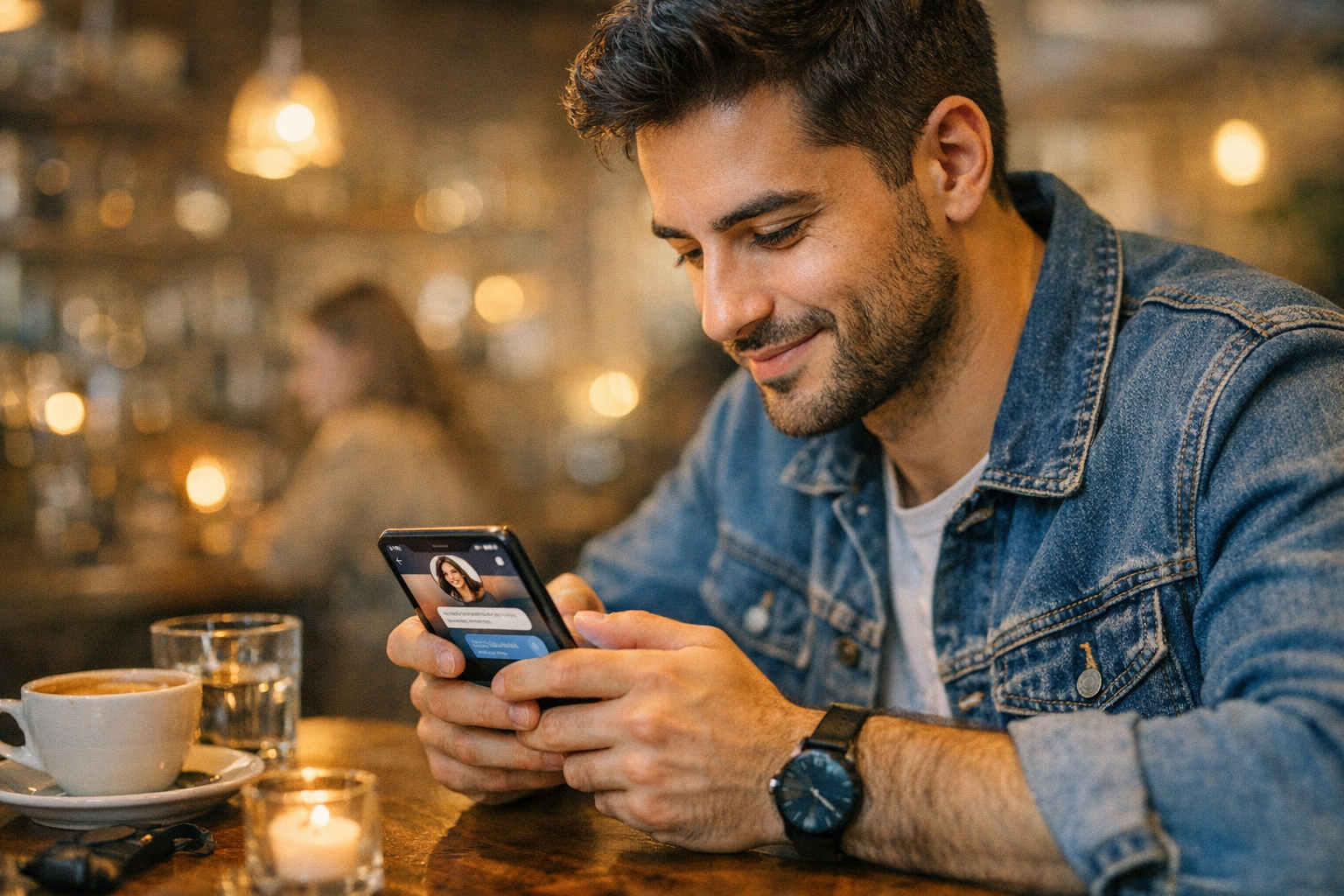 مشهد واقعي لشخص شاب بالغ يستخدم هاتفًا في مقهى، يتصفح تطبيقًا اجتماعيًا للمواعدة...