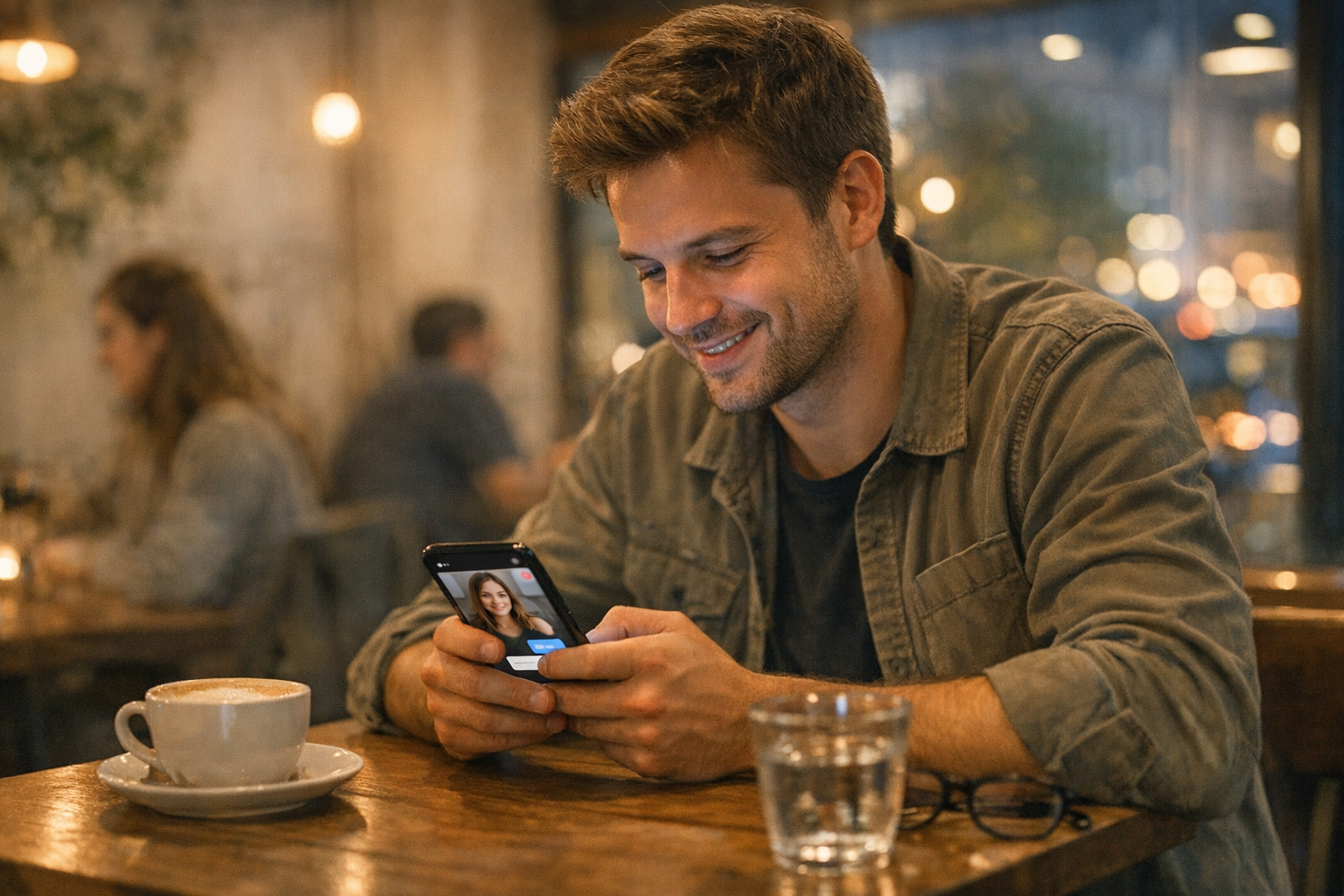 En realistisk scene med en ung voksen, der bruger en telefon på en café, browser...