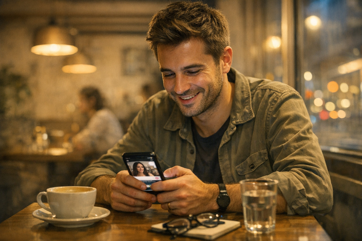 Una escena realista de un adulto joven usando el móvil en una cafetería, explora...
