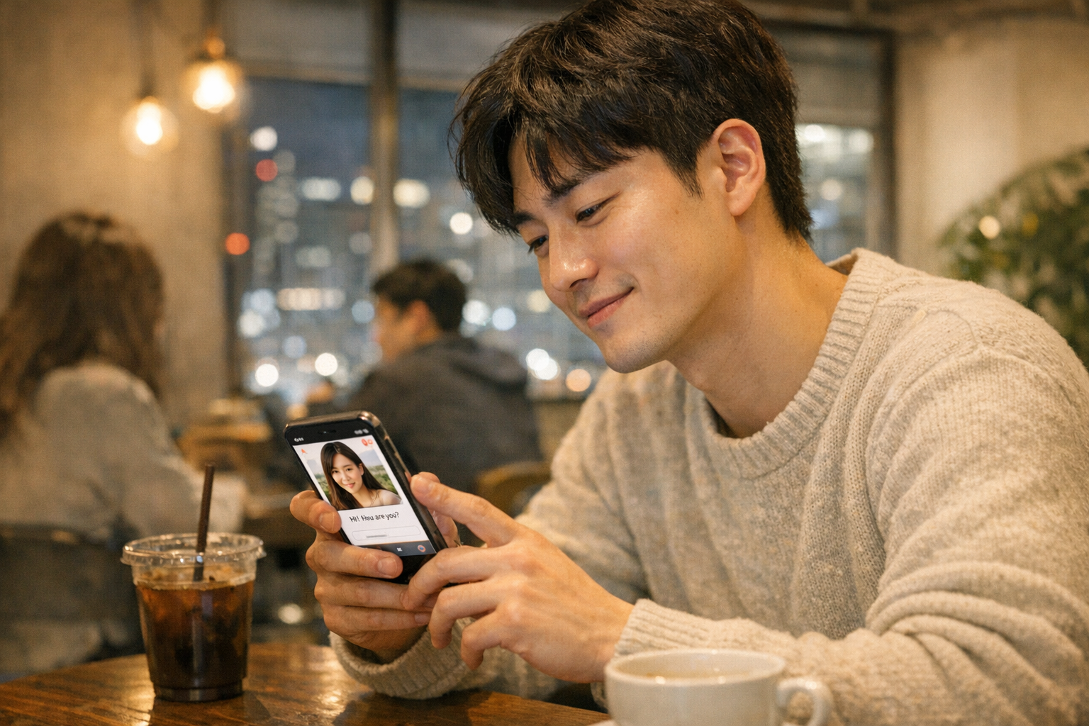 카페에서 젊은 성인이 스마트폰으로 소셜 데이팅 앱을 둘러보며 대화를 시작하는 현실적인 장면, 따뜻한 실내 조명, 자연스러운 표정, 현대적인 도시...