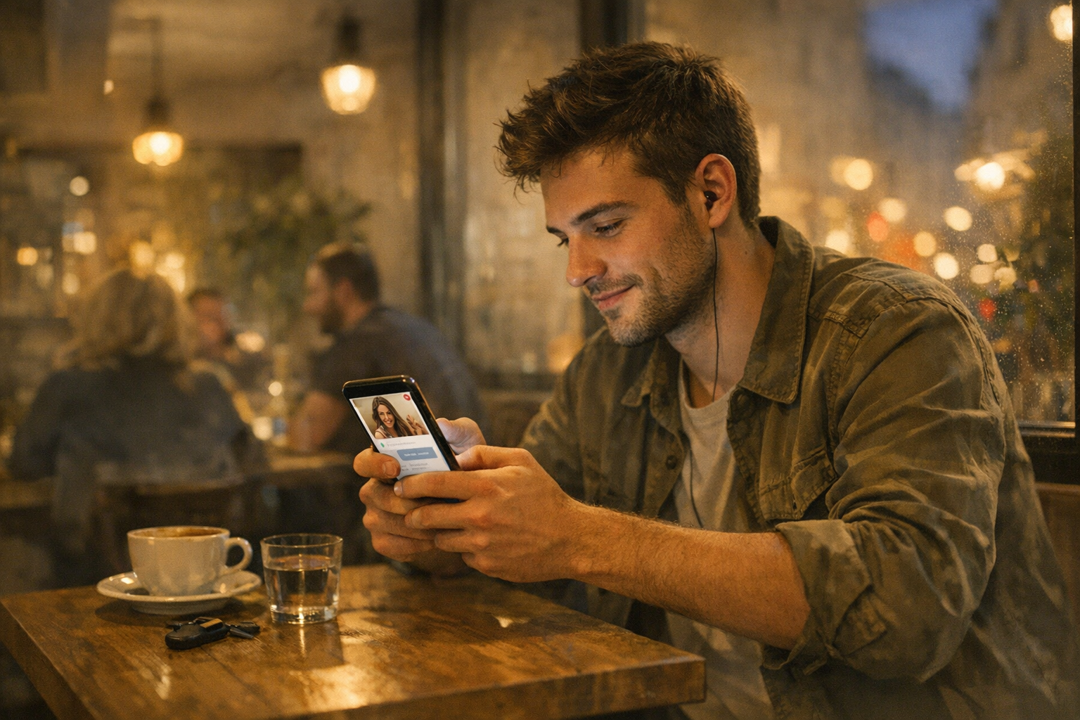 Une scène réaliste montrant un jeune adulte utilisant son téléphone dans un café...