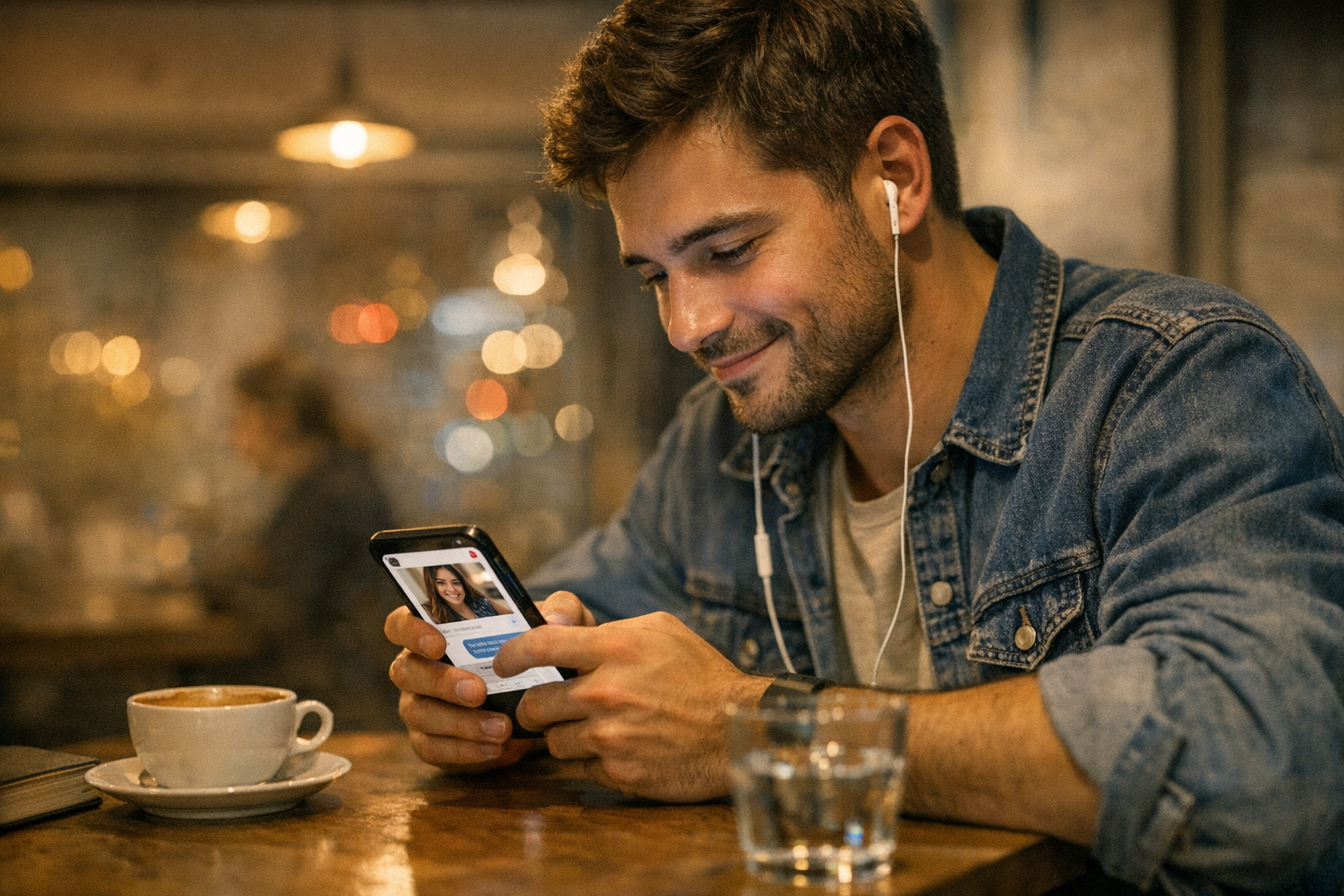 Uma cena realista de um jovem adulto usando o celular em um café, navegando em u...