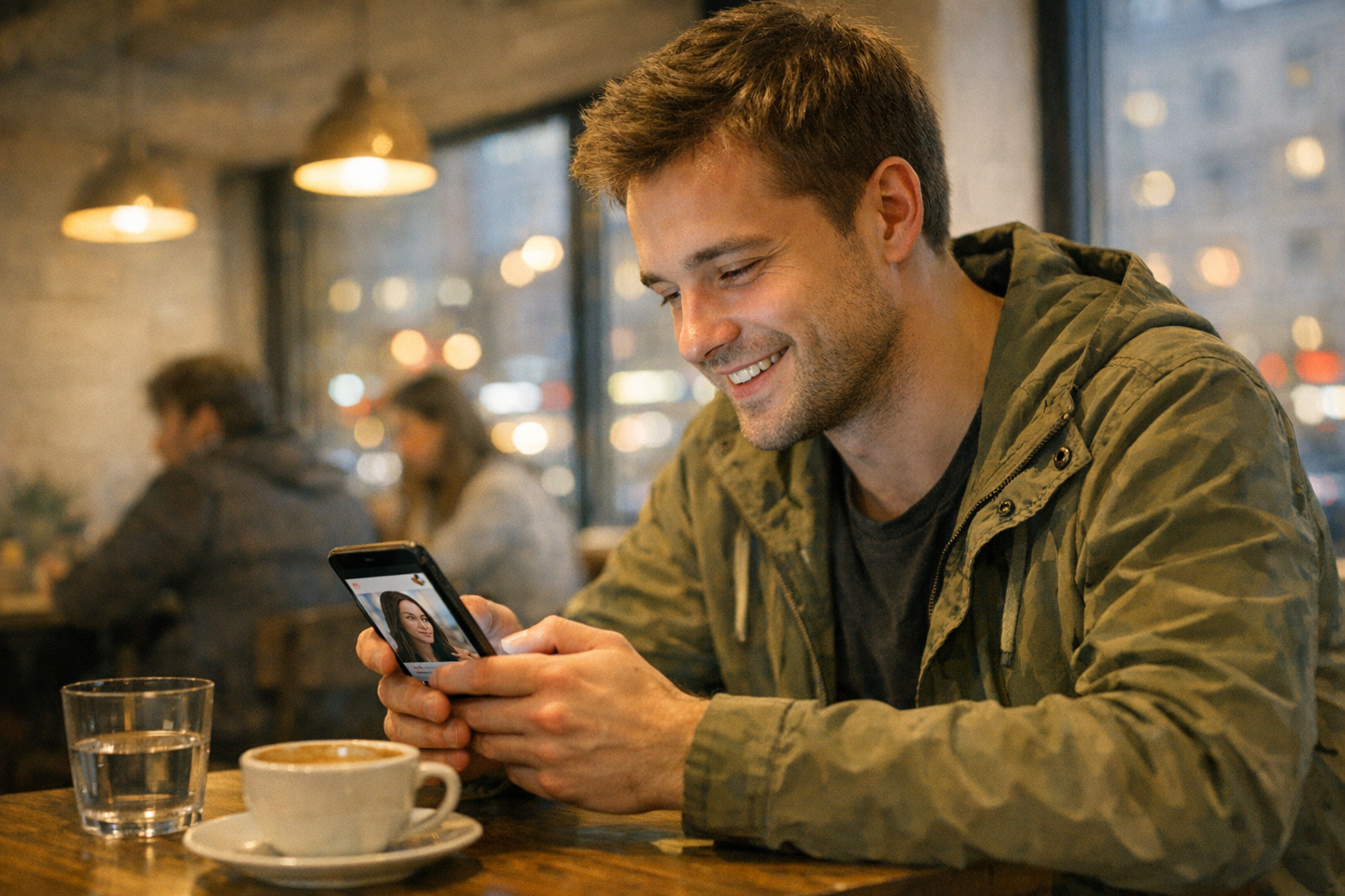 Реалистичная сцена: молодой взрослый человек в городском кафе использует телефон...