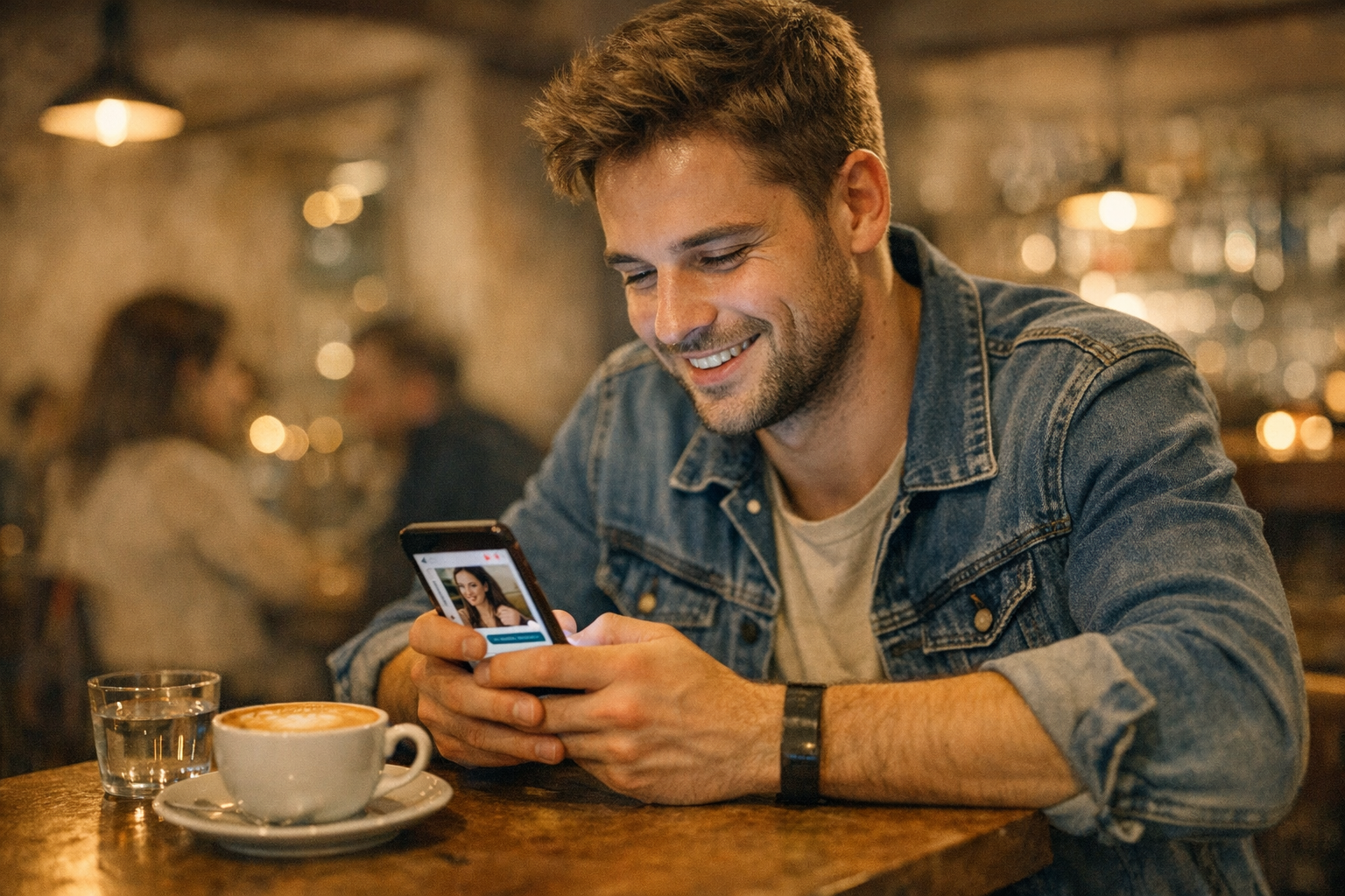Valósághű jelenet egy fiatal felnőttről, aki egy kávézóban a telefonját használj...