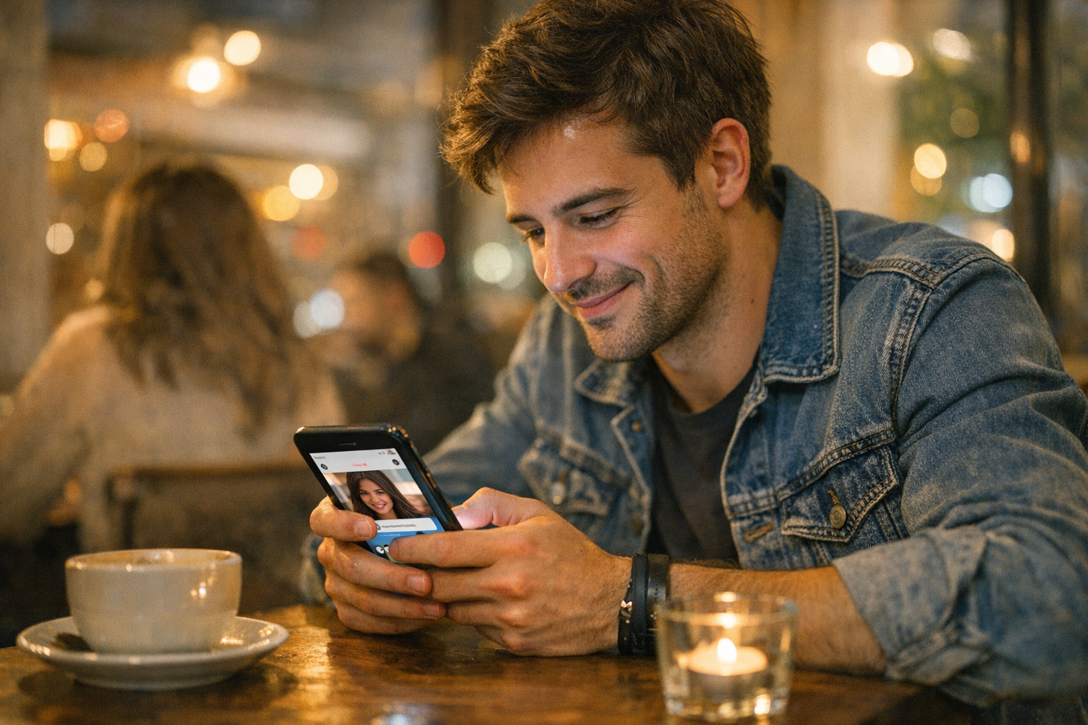 Bir kafede telefon kullanan genç bir yetişkinin gerçekçi sahnesi; sosyal bir flö...