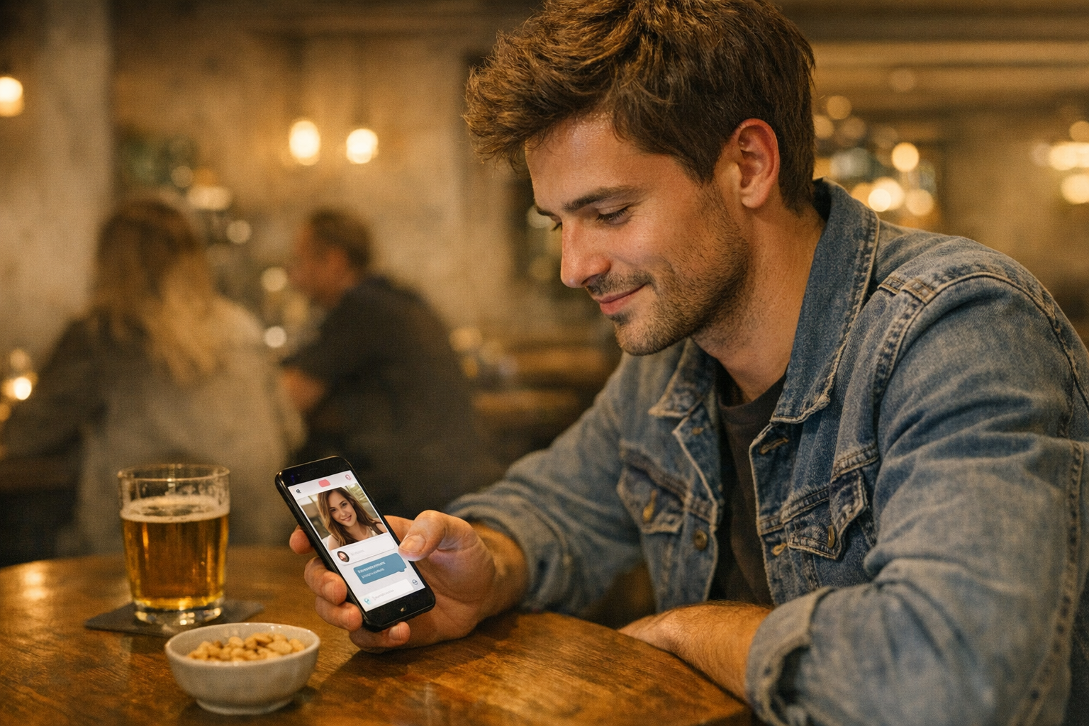 Scena realistica di un giovane adulto che usa il telefono in un bar, mentre sfog...