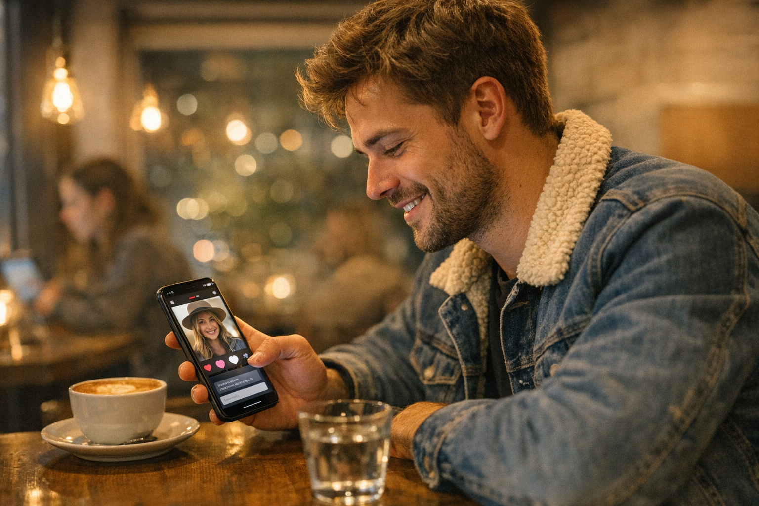 En realistisk scen där en ung vuxen använder en mobil på ett kafé, bläddrar i en...
