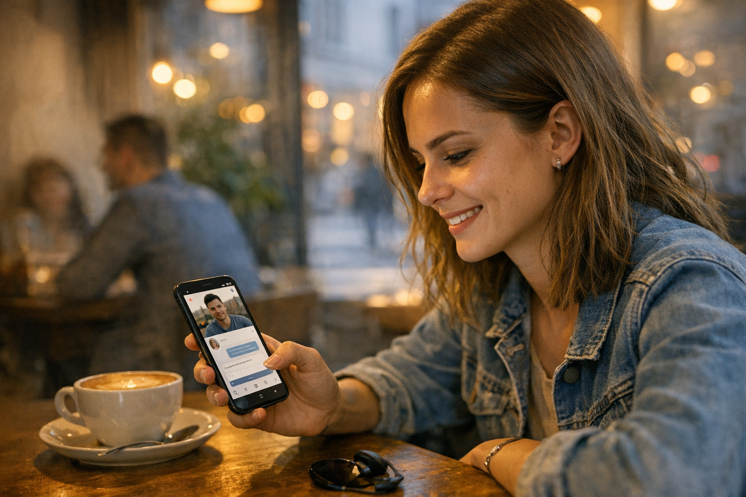 Realistyczna scena młodej osoby dorosłej korzystającej z telefonu w kawiarni, pr...