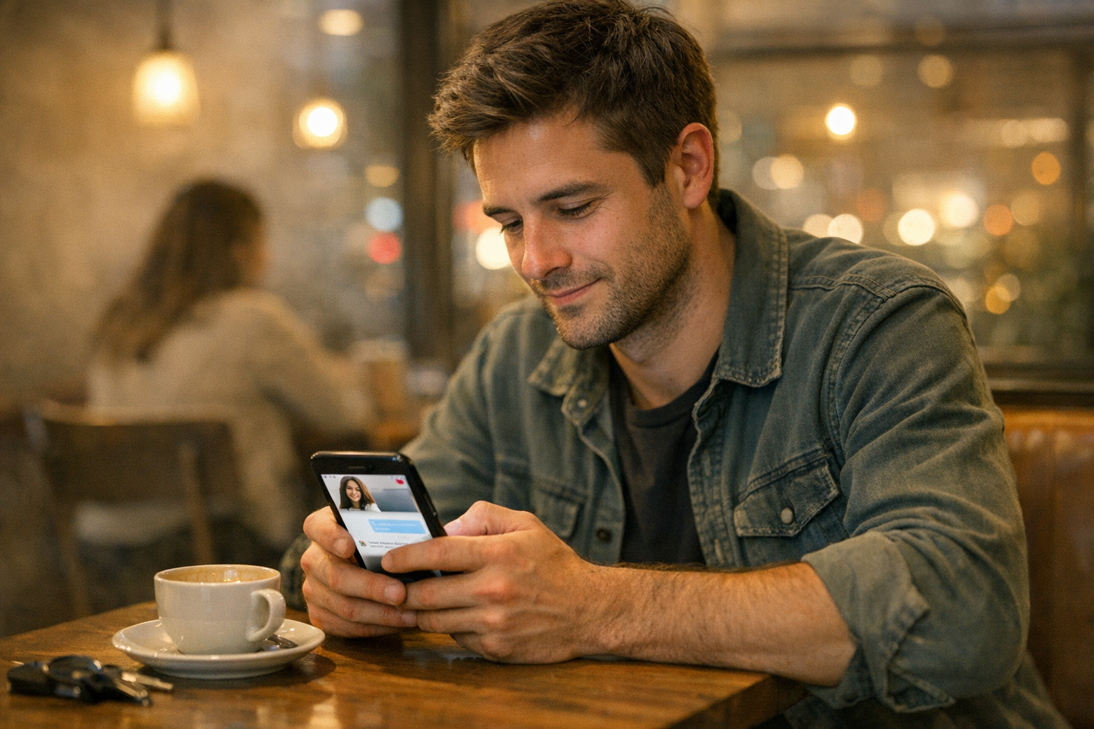 真实纪实风格场景：一位年轻成年人在咖啡馆使用手机，浏览社交约会应用并开始一段对话，温暖环境光，自然表情，当代都市环境，纪实摄影风格，不要品牌标志，不要文字叠加，...