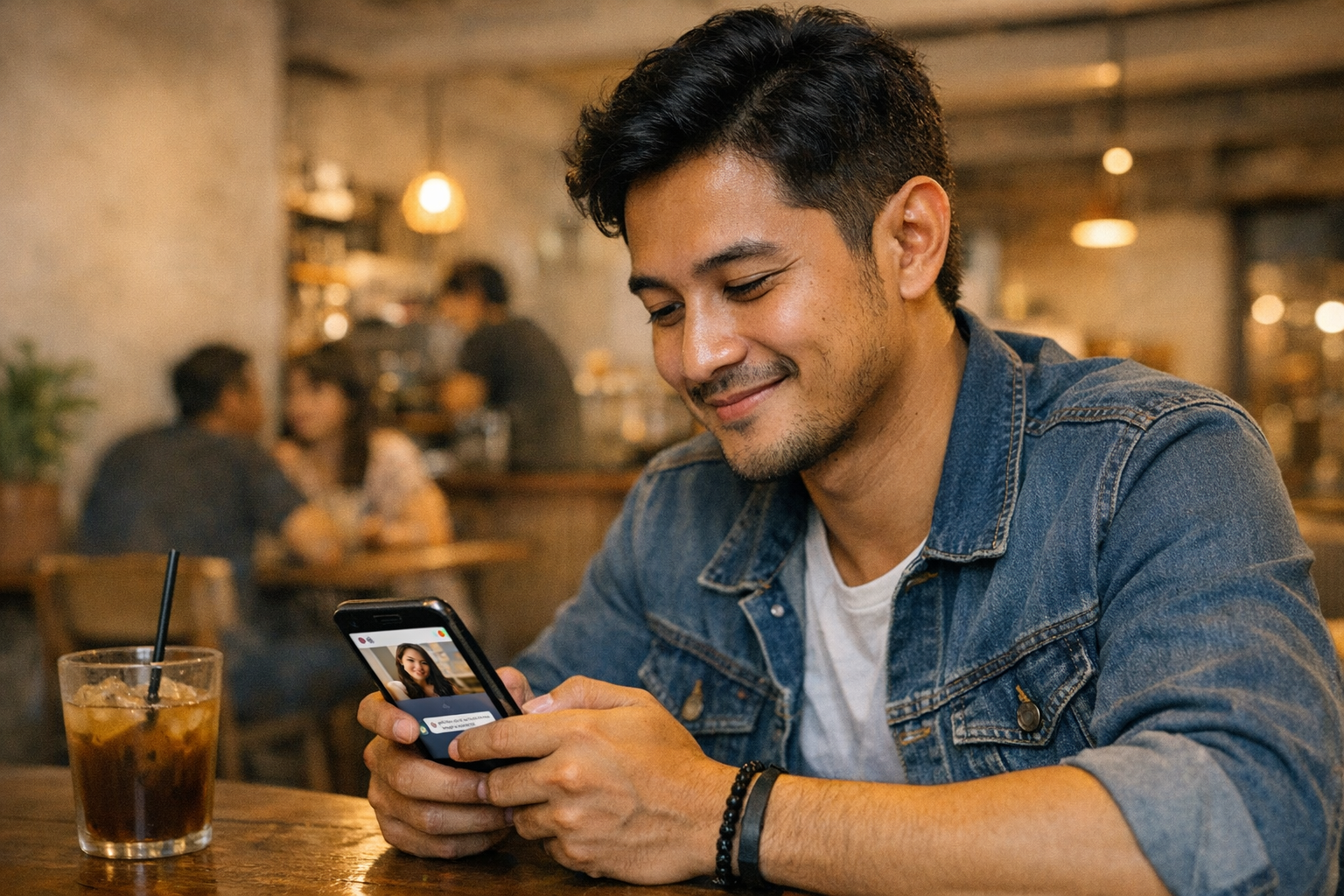 Adegan realistis seorang dewasa muda menggunakan ponsel di kafe modern, sedang m...