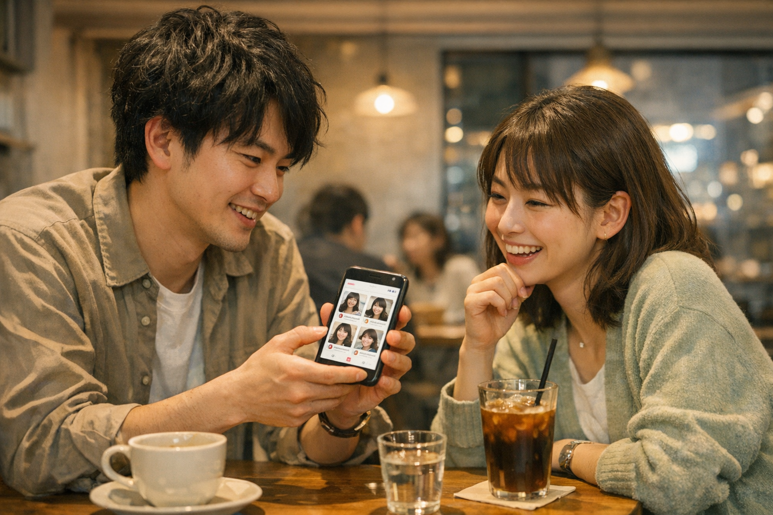 カフェで若い大人がスマートフォンを使い、ソーシャル系マッチングアプリを見ながら会話を始めているリアルな場面。暖かい環境光、自然な表情、現代的な都市の雰囲気、日本...