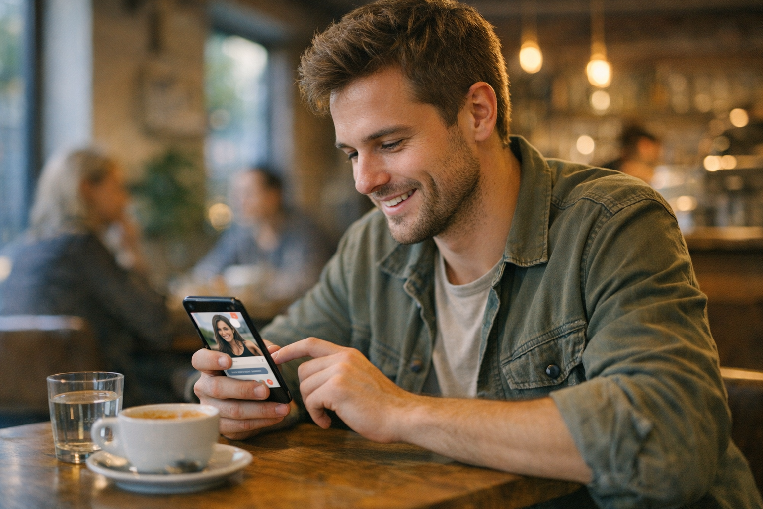 Eine realistische Szene mit einem jungen Erwachsenen in einem Café, der auf dem ...