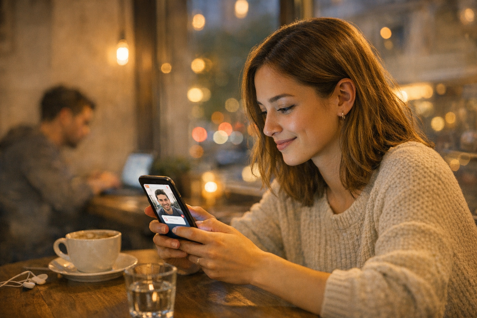 סצנה ריאליסטית של צעיר או צעירה משתמשים בטלפון בבית קפה, גולשים באפליקציית היכרו...