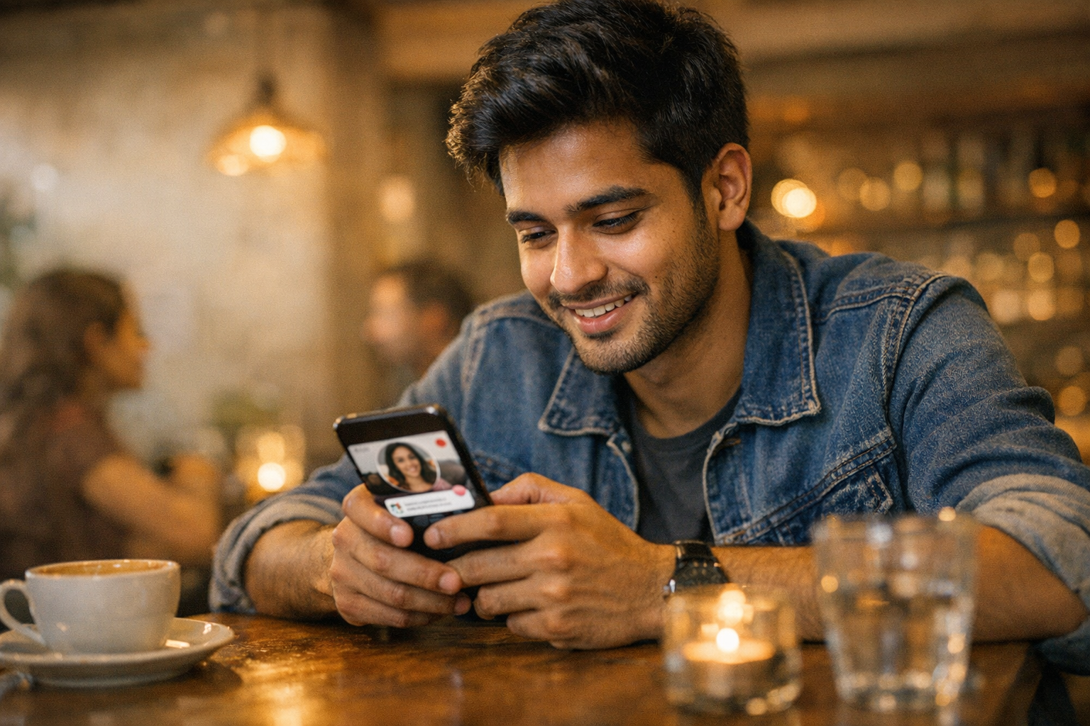 कैफ़े में फोन इस्तेमाल करता एक युवा वयस्क, सोशल डेटिंग ऐप ब्राउज़ करते हुए और बा...