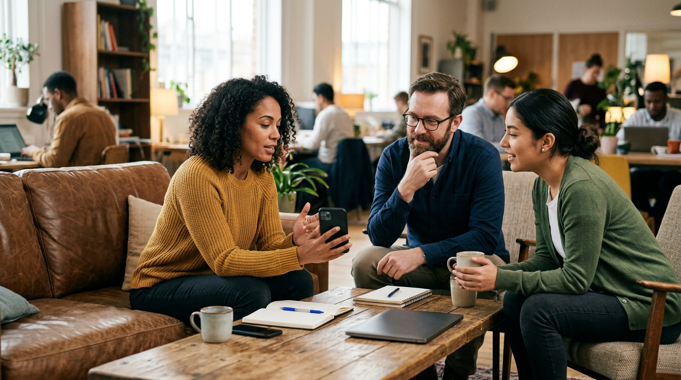 Documentary-style image of three adults discussing app experiences in a relaxed ...