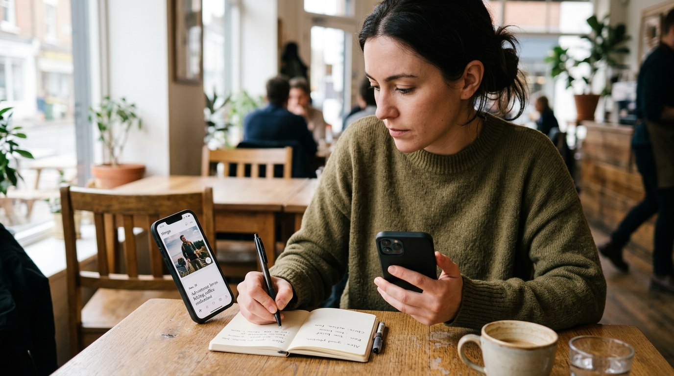 Realistic close-up scene of a person sitting at a table comparing dating app pro...