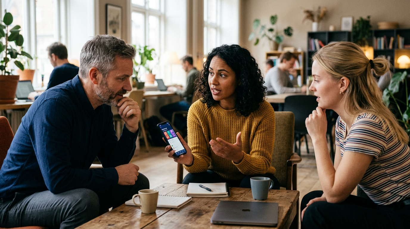 Dokumentarisk billede af tre voksne, der taler om appoplevelser i en afslappet c...