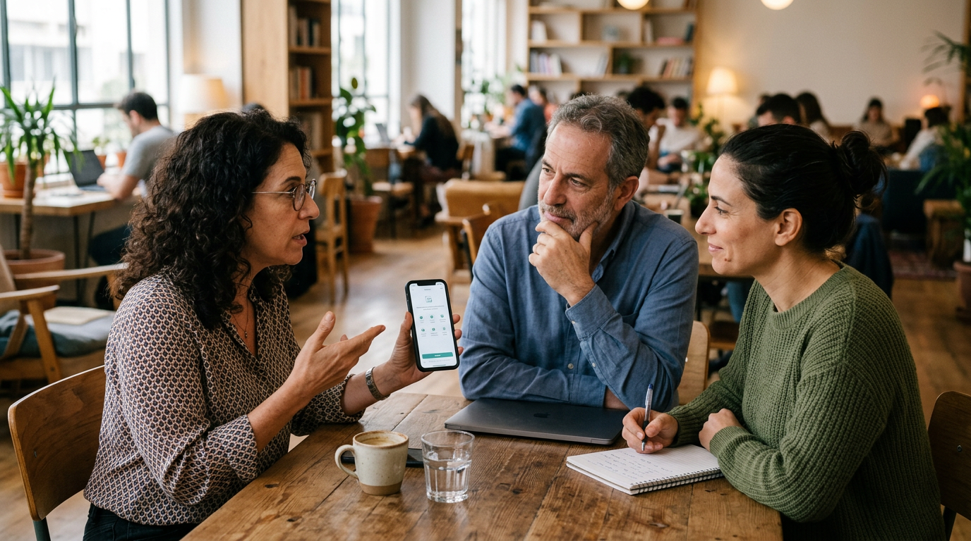תמונה בסגנון דוקומנטרי של שלושה מבוגרים משוחחים על חוויות מאפליקציות בלאונג' עבו...
