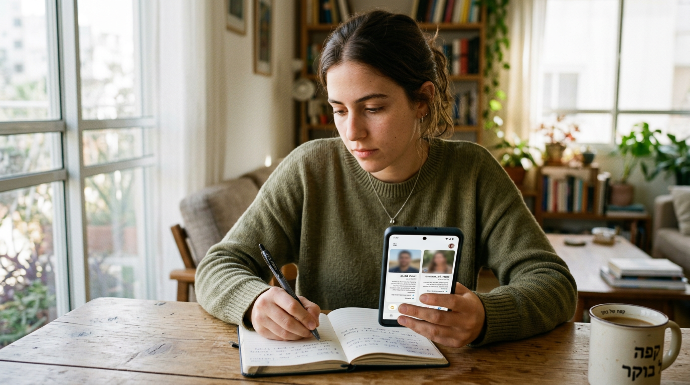 סצנת תקריב ריאליסטית של אדם היושב ליד שולחן ומשווה בין סגנונות פרופיל של אפליקצי...