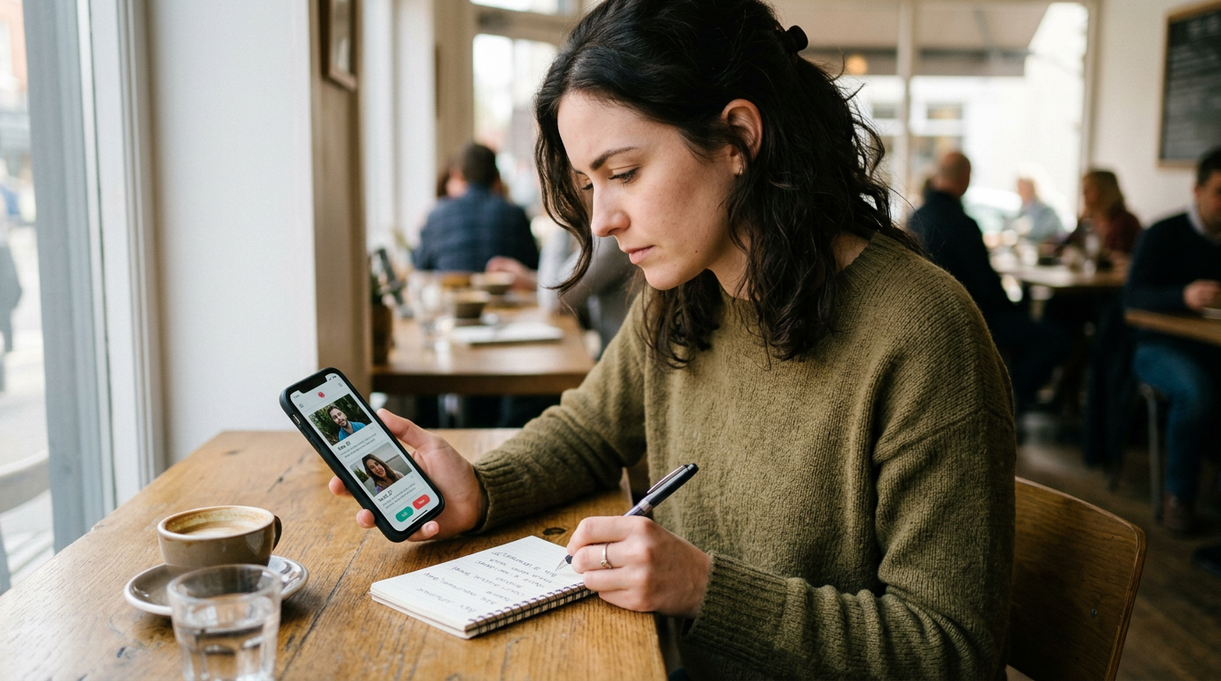 Escena realista en primer plano de una persona sentada a una mesa comparando est...
