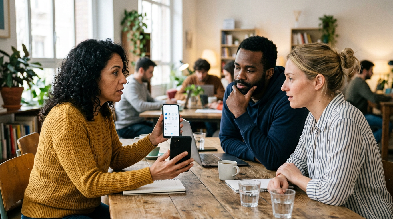 Imagen de estilo documental de tres adultos comentando sus experiencias con apps...
