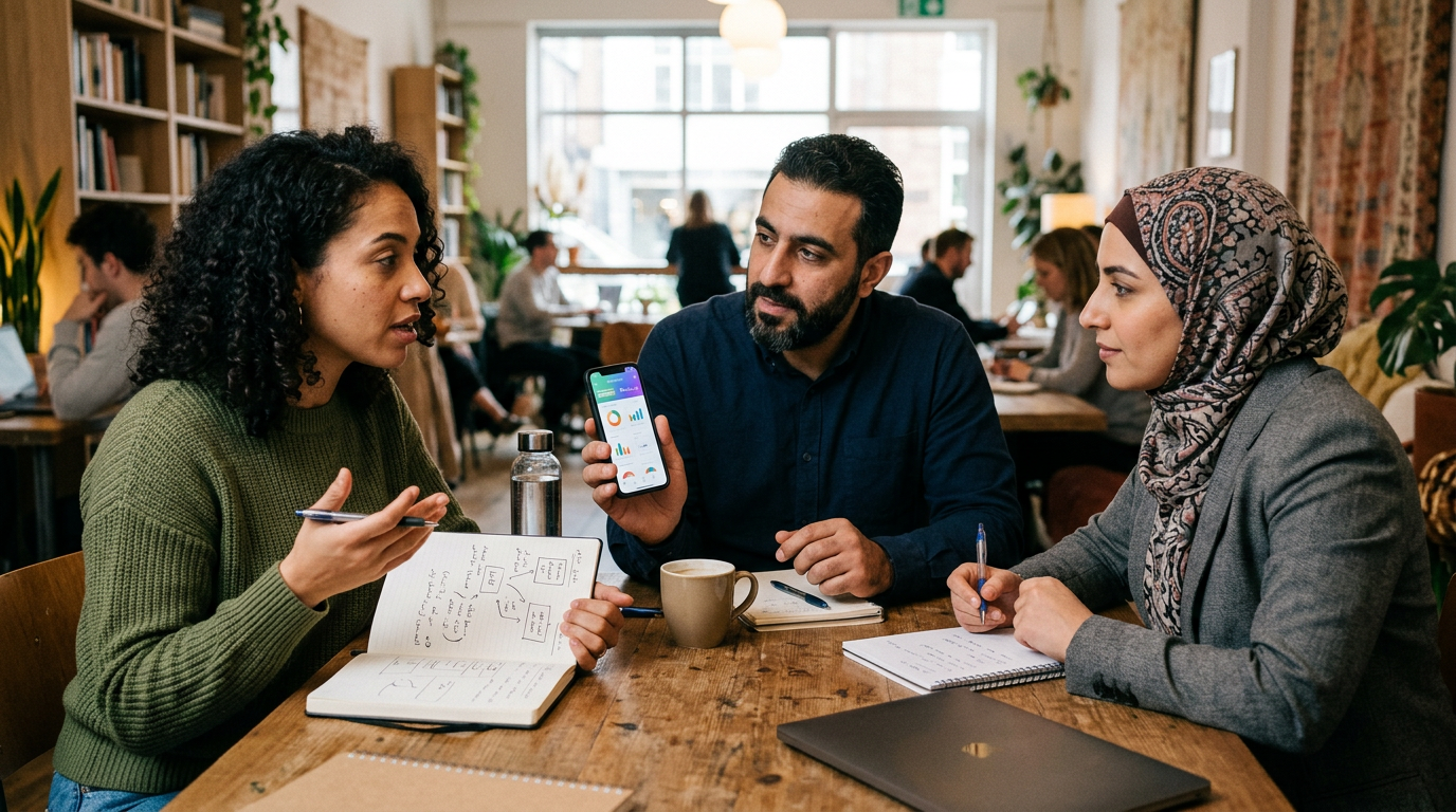 صورة بأسلوب وثائقي لثلاثة بالغين يناقشون تجاربهم مع التطبيقات في مساحة عمل مشترك...