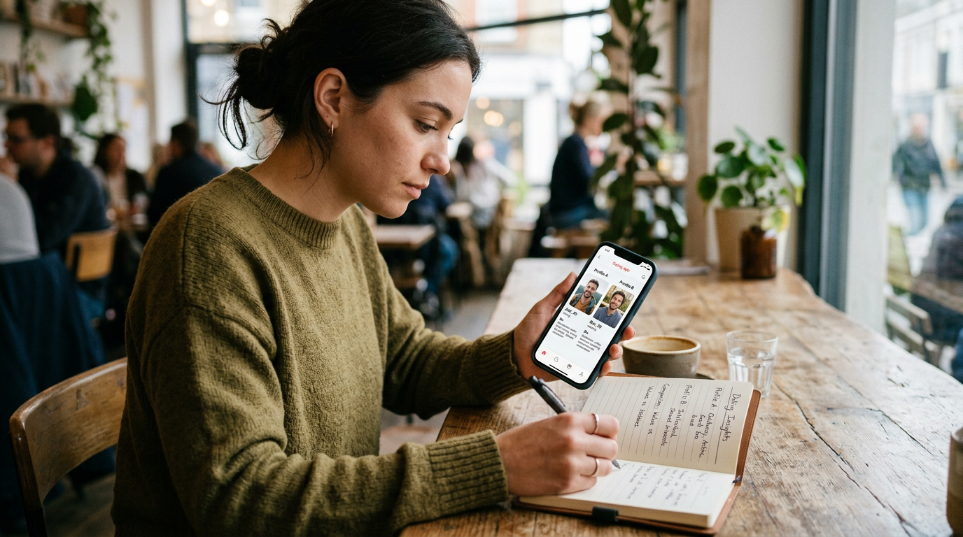 لقطة واقعية مقرّبة لشخص يجلس إلى طاولة ويقارن بين أنماط الملفات الشخصية في تطبيق...