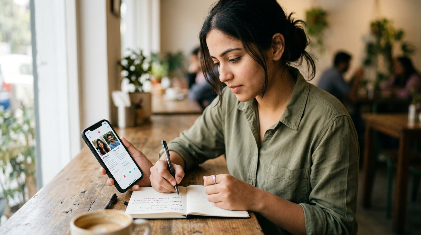 यथार्थवादी close-up दृश्य जिसमें एक व्यक्ति मेज पर बैठा smartphone पर dating app...